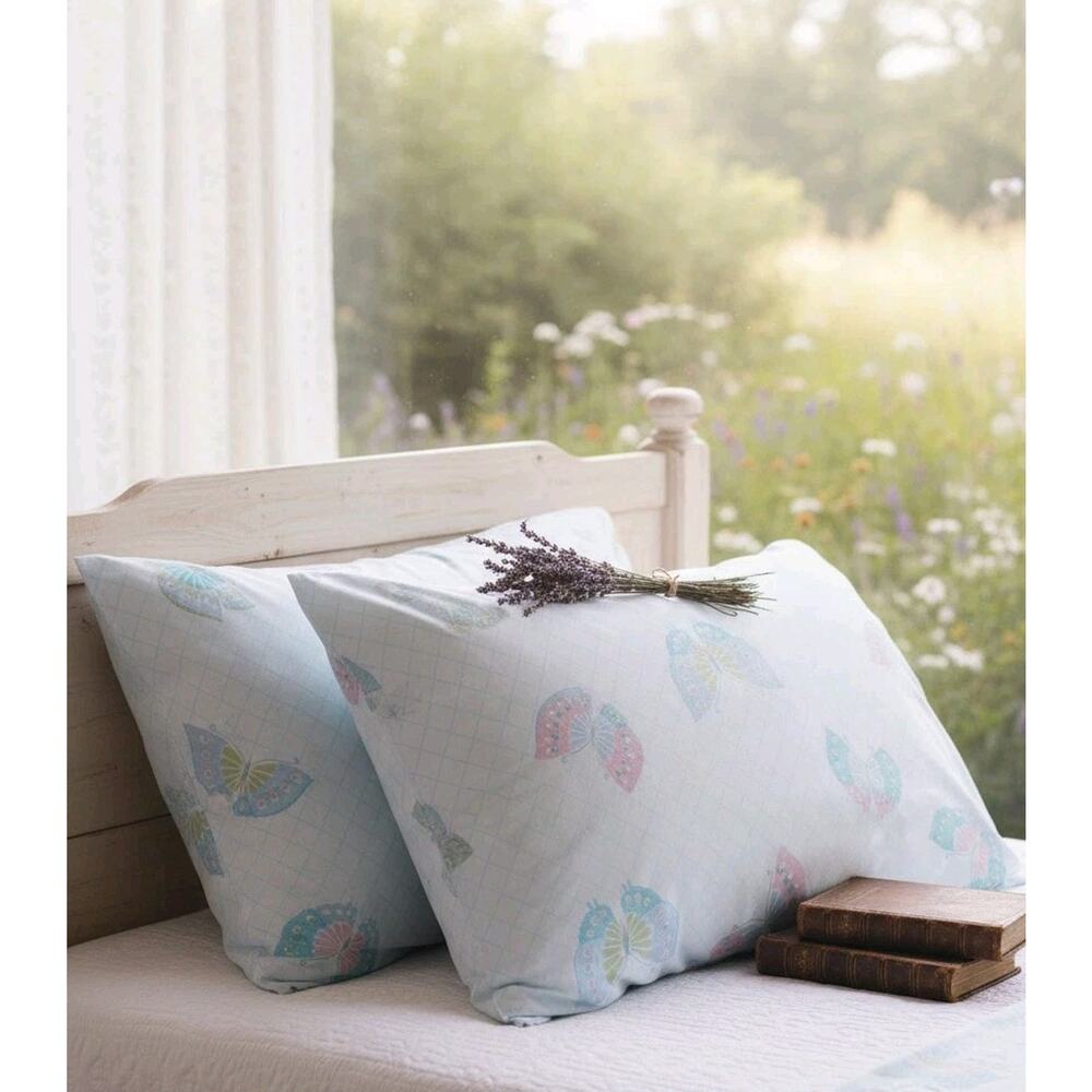 Lot of 2 Vtg Lady Pepperell Blue Muslin Butterflies No Iron Standard Pillowcases